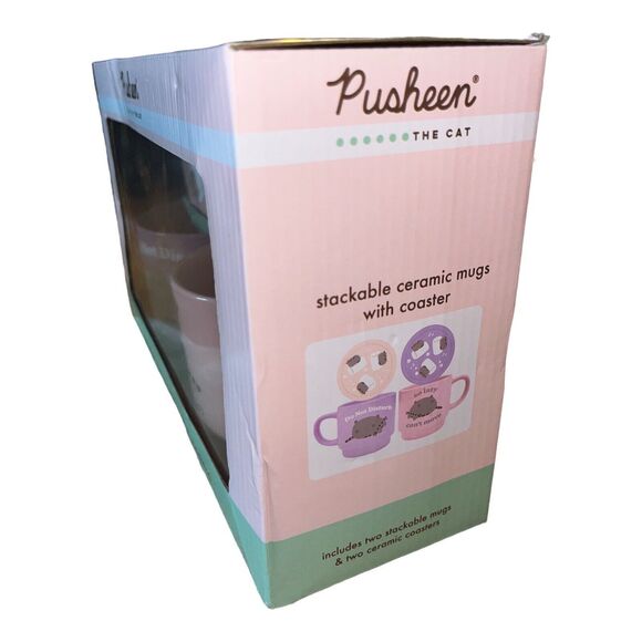 Pusheen The Cat Set of Stackable Ceramic Mugs with Coasters Gift Set Pink Green - Picture 4 of 5